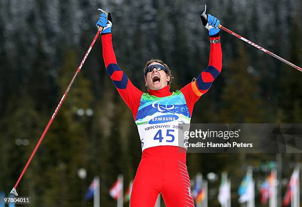 Nils-Erik Ulset of Norway celebrates winning the Men's 12.5km Standing Biathlon event at Whistler Paralympic Park on March 17, 2010 in Vancouver,...