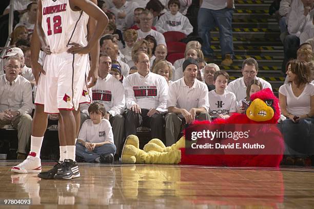 Louisville Cardinals mascot Cardinal Bird lying on court during game vs Villanova. Louisville, KY 1/11/2010 CREDIT: David E. Klutho