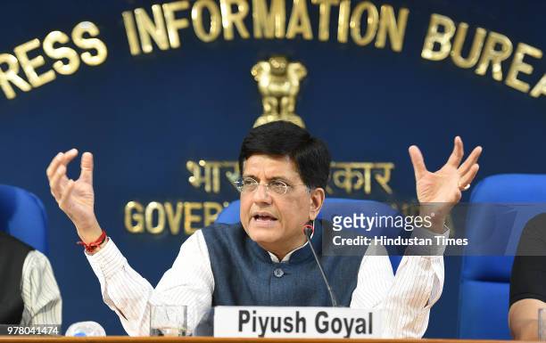 Finance and Railway Minister Piyush Goyal addresses media during a press conference on four year achievements of the Railway Ministry at Shastri...