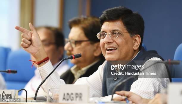 Finance and Railway Minister Piyush Goyal addresses media during a press conference on four year achievements of the Railway Ministry at Shastri...