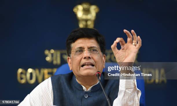 Finance and Railway Minister Piyush Goyal addresses media during a press conference on four year achievements of the Railway Ministry at Shastri...