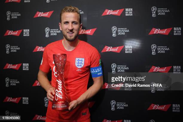 Harry Kane of England poses with his Man of the Match trophy after the 2018 FIFA World Cup Russia group G match between Tunisia and England at...