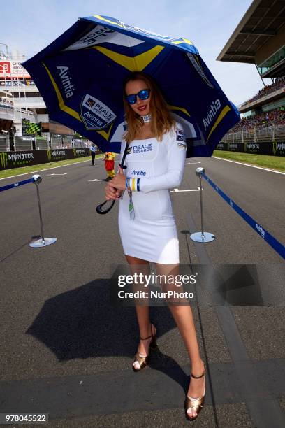 Grid girl during the free practice of the Gran Premi Monster Energy de Catalunya, Circuit of Catalunya, Montmelo, Spain.On 16 june of 2018.