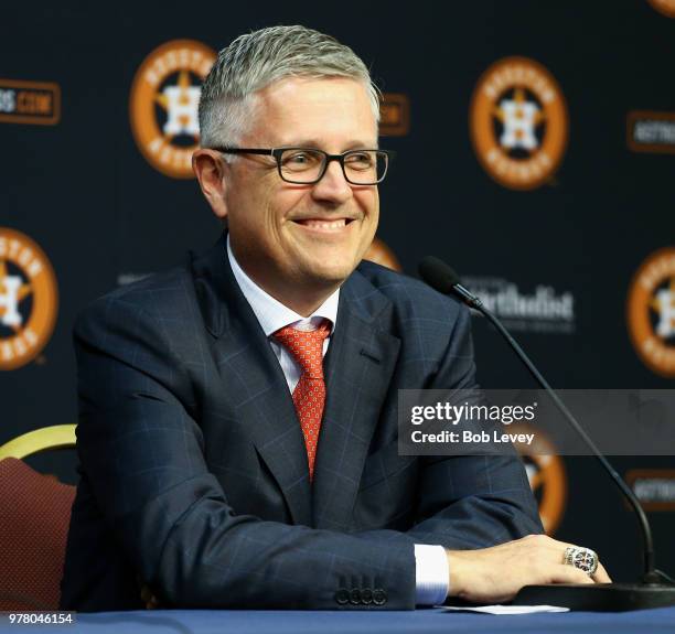 Jeff Luhnow addresses the media after being named President of Baseball Operations and General Manager of the Houston Astros and received a contract...