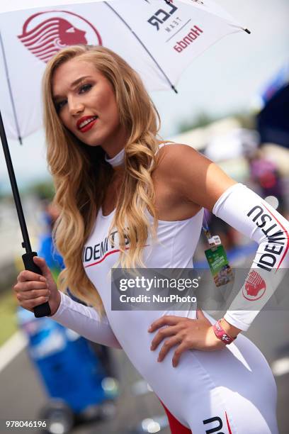 Grid girl during the free practice of the Gran Premi Monster Energy de Catalunya, Circuit of Catalunya, Montmelo, Spain.On 16 june of 2018.