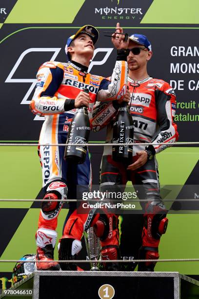 Marc Marquez of Spain and Repsol Honda Team Jorge Lorenzo of Spain and Ducati Team during the race day of the Gran Premi Monster Energy de Catalunya,...