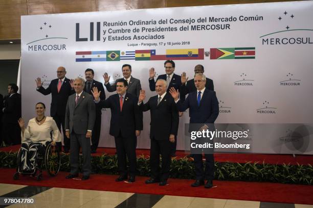 Gabriela Michetti, Argentina's vice president, from front left, Tabare Vazquez, Uruguay's president, Michel Temer, Brazil's president, Alvaro Garcia...