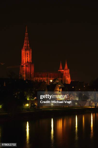 ulm minster in orange - ulm minster stock pictures, royalty-free photos & images