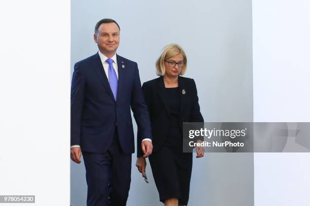 Polish President Andrzej Duda and Irena Lichnerowicz-Augustynat a press conference during the meeting of Bucharest Nine at the Presidential Palace in...