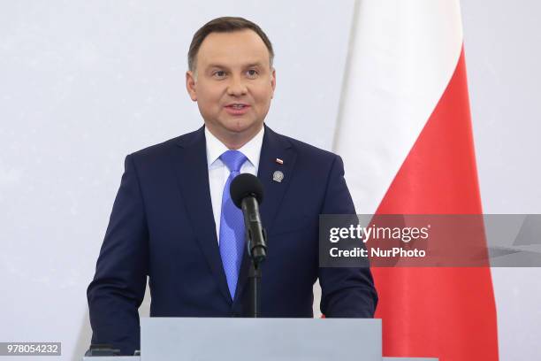 Polish President Andrzej Duda at a press conference during the meeting of Bucharest Nine at the Presidential Palace in Warsaw, Poland on 8 June 2018....