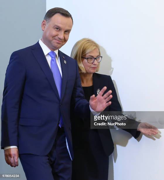 Polish President Andrzej Duda and Irena Lichnerowicz-Augustynat a press conference during the meeting of Bucharest Nine at the Presidential Palace in...