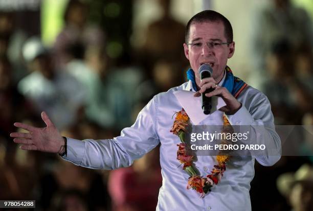 Mexico's presidential candidate Ricardo Anaya , standing for the "Mexico al Frente" coalition of the PAN-PRD-Movimiento Ciudadano parties, speaks to...