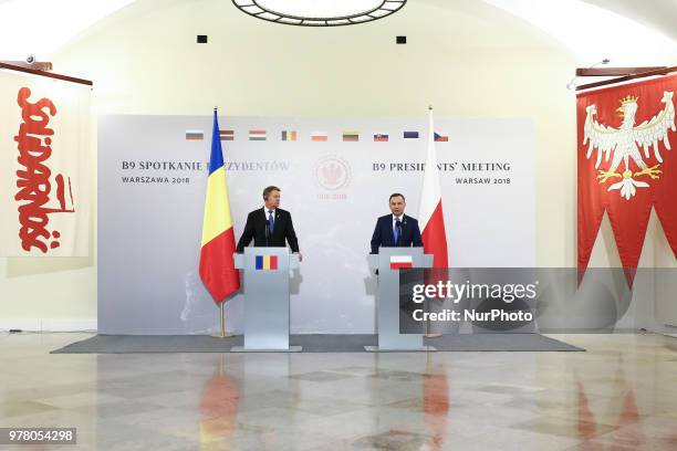 Polish President Andrzej Duda and President of Romania Klaus Iohannis at a press conference during the meeting of Bucharest Nine at the Presidential...