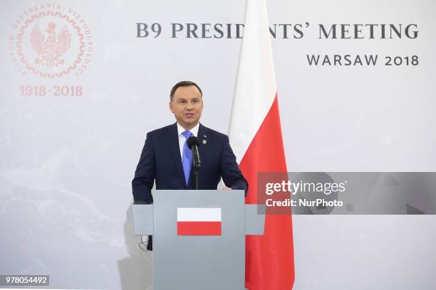Polish President Andrzej Duda at a press conference during the meeting of Bucharest Nine at the Presidential Palace in Warsaw, Poland on 8 June 2018....
