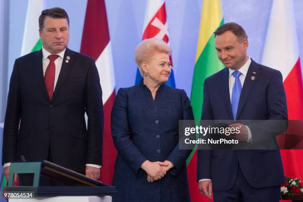 Latvian President Raimonds Vejonis, President of Lithuania Dalia Grybauskaite and Polish President Andrzej Duda attend the Poland's Independence...