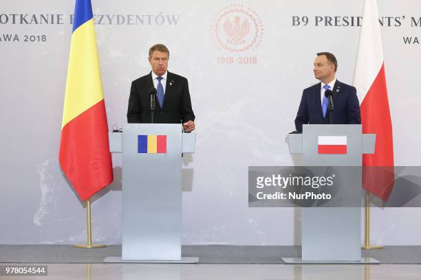 Polish President Andrzej Duda and President of Romania Klaus Iohannis at a press conference during the meeting of Bucharest Nine at the Presidential...