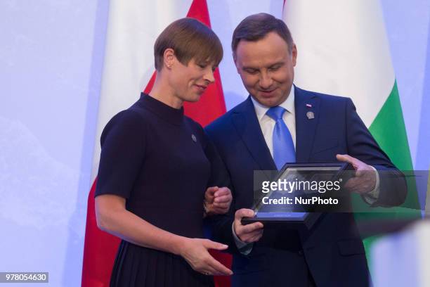 Polish President Andrzej Duda and President of Estonia Kersti Kaljulaid attend the Poland's Independence 100th anniversary celebrations at the...