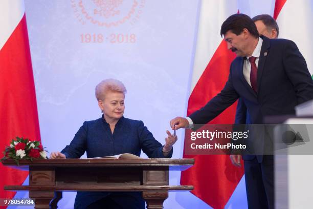 President of Lithuania Dalia Grybauskaite and President of Hungary Janos Ader attend the Poland's Independence 100th anniversary celebrations at the...