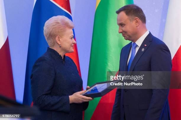President of Lithuania Dalia Grybauskaite and Polish President Andrzej Duda attend the Poland's Independence 100th anniversary celebrations at the...