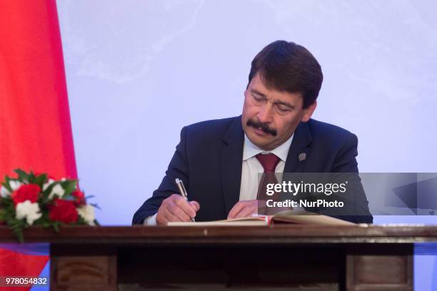 President of Hungary Janos Ader attend the Poland's Independence 100th anniversary celebrations at the Belvedere Palace in Warsaw, Poland on 8 June...