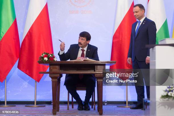 Polish President Andrzej Duda and President of Hungary Janos Ader attend the Poland's Independence 100th anniversary celebrations at the Belvedere...