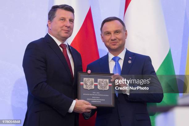 Latvian President Raimonds Vejonis and Polish President Andrzej Duda attend the Poland's Independence 100th anniversary celebrations at the Belvedere...