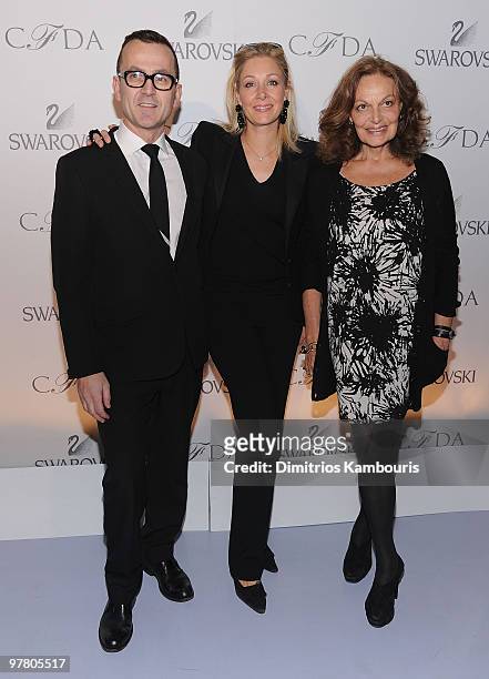 Executive director Steven Kolb, Nadja Swarovski and Diane Von Furstenberg attend the 2010 CFDA Fashion Awards Nomination Announcement at DVF Studio...