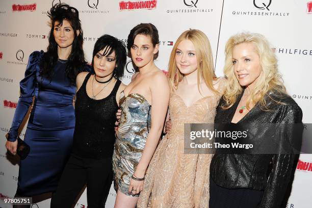 Director Floria Sigismondi, musician Joan Jett, actress Kristen Stewart, actress Dakota Fanning and musician Cherie Currie attend "The Runaways" New...
