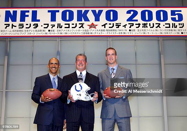 Indianapolis Colts coach Tony Dungy, owner Jim Irsay and quarterback Peyton Manning at a 2005 American Bowl press conference at the Tokyo Dome Hotel...