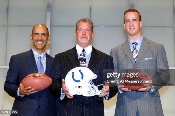 Indianapolis Colts coach Tony Dungy, owner Jim Irsay and quarterback Peyton Manning at a 2005 American Bowl press conference at the Tokyo Dome Hotel...