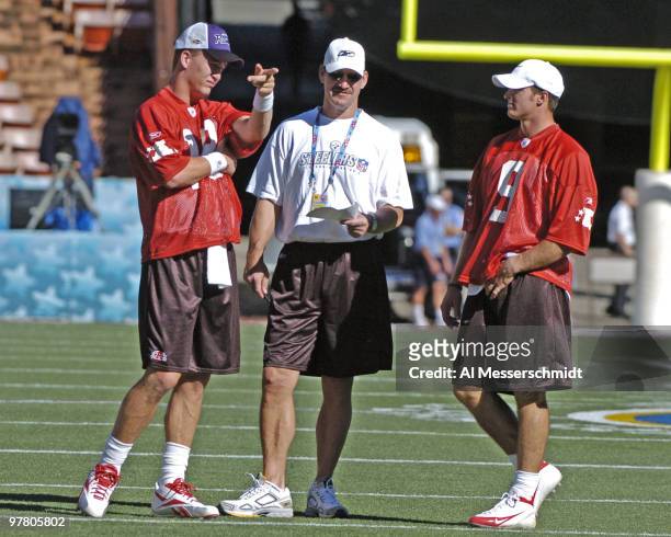 San Diego Chargers quarterback Drew Brees and Indianapolis Colts quarterback Peyton Manning talk with Pittsburgh Steelers coach Bill Cowher during an...