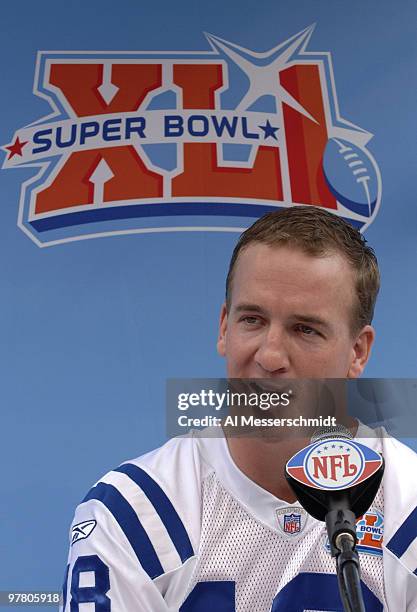 Peyton Manning of the Indianapolis Colts speaks during Media Day prior to Super Bowl XLI at Dolphins Stadium in Miami, Florida on January 30, 2007.