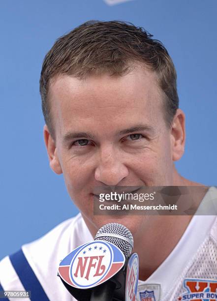 Peyton Manning of the Indianapolis Colts speaks during Media Day prior to Super Bowl XLI at Dolphins Stadium in Miami, Florida on January 30, 2007.