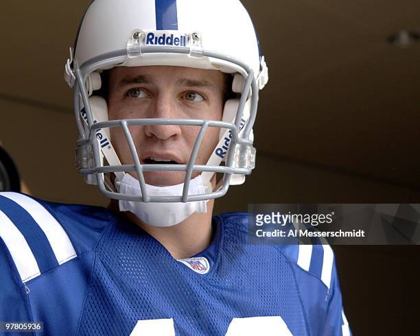 Indianapolis Colts quarterback Peyton Manning before play against the New Orleans Saints at Veterans Memorial Stadium in Jackson, Mississippi on...