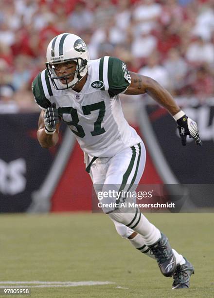 New York Jets wide receiver Laveranues Coles rushes upfield against the Tampa Bay Buccaneers in a pre-season game August 11, 2006 in Tampa. The Bucs...