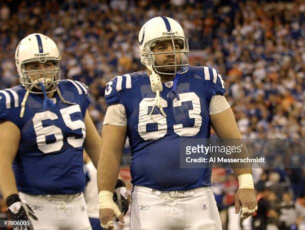 Indianapolis Colts guard Ryan Lilja and center Jeff Saturday during pre-game introductions against the Cincinnati Bengals Dec. 18, 2006 in the RCA...