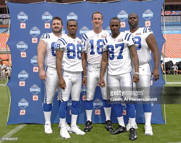 Colts Pro Bowlers Jeff Saturday, Marvin Harrison, Peyton Manning, Reggie Wayne, Tarik Glenn pose during Media Day prior to Super Bowl XLI at Dolphins...