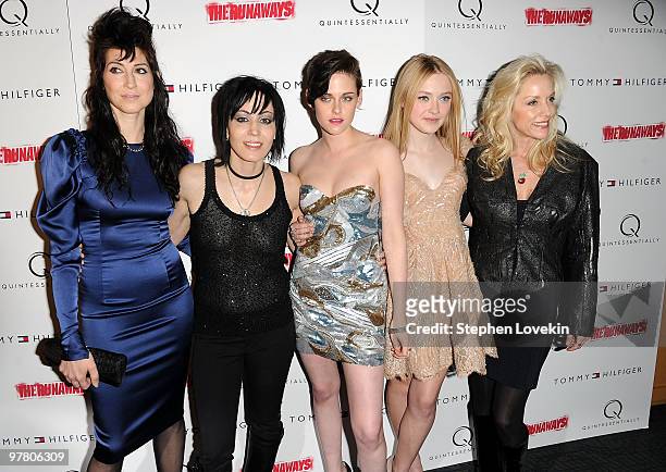 Director Floria Sigismondi, musician Joan Jett, actress Kristen Stewart, actress Dakota Fanning and musician Cherie Currie attend the premiere of...