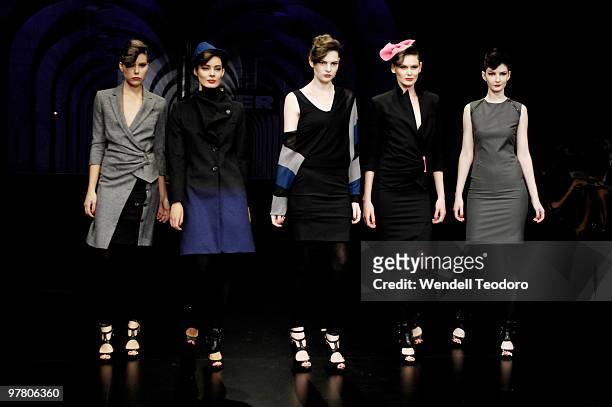 Models showcase designs by MC Q by Alexander McQueen on the catwalk at the Myer Autumn Winter 2010 Collection Launch at Sidney Myer Music Bowl on...