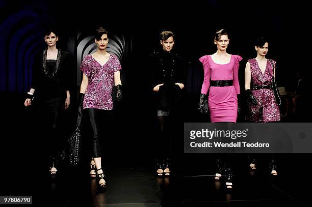 Models showcases designs by Wayne by Wayne Cooper on the catwalk at the Myer Autumn Winter 2010 Collection Launch at Sidney Myer Music Bowl on March...