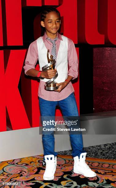Actor Jaden Smith appears after accepting the Breakthrough Male Star of the Year Award before a screening of his upcoming movie, 'The Karate Kid' at...