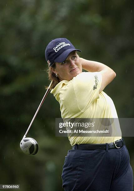 Lorie Kane follows her drive on the fourth hole Thursday, October 9, 2003 at the Samsung World Championship in Houston, Texas. Rain delayed play...