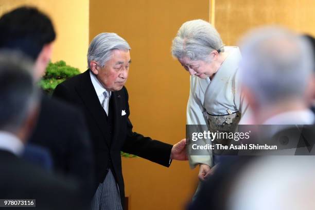 Emperor Akihito and Empress Michiko attend the Japan Art Academy Award Ceremony on June 18, 2018 in Tokyo, Japan.