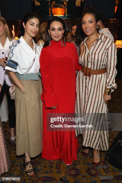 Caroline Issa, Ghizlan Guenez and Alia Al-Senussi attend The Modist Dinner at L'oscar Hotel on June 18, 2018 in London, England.