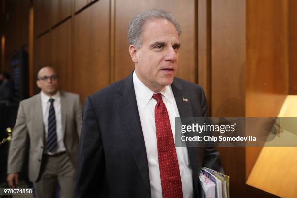 Justice Department Inspector General Michael Horowitz arrives before testifying to the Senate Judiciary Committee in the Hart Senate Office Building...