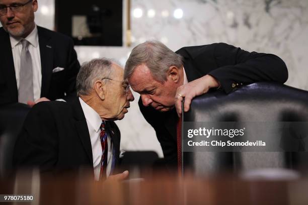 Senate Judiciary Committee Chairman Charles Grassley and committee member Sen. Richard Durbin talk during a hearing in the Hart Senate Office...