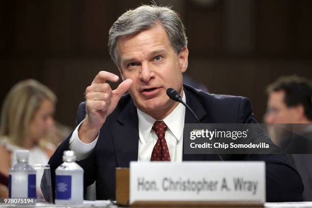 Federal Bureau of Investigation Director Christopher Wray testifies before the Senate Judiciary Committee in the Hart Senate Office Building on...