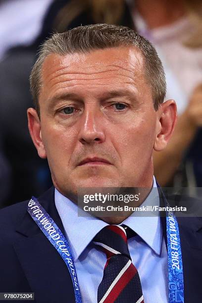 England U21 coach Aidy Boothroyd looks on during the 2018 FIFA World Cup Russia group G match between Tunisia and England at Volgograd Arena on June...