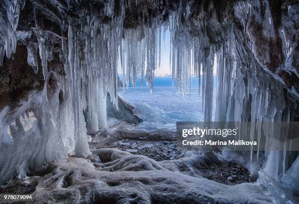 snow queen's realm - frozen waterfall stockfoto's en -beelden