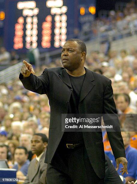 Florida State University men's basketball coach Leonard Hamilton checks play January 3, 2004 at the Stephen C. O'Connell Center, Gainesville,...